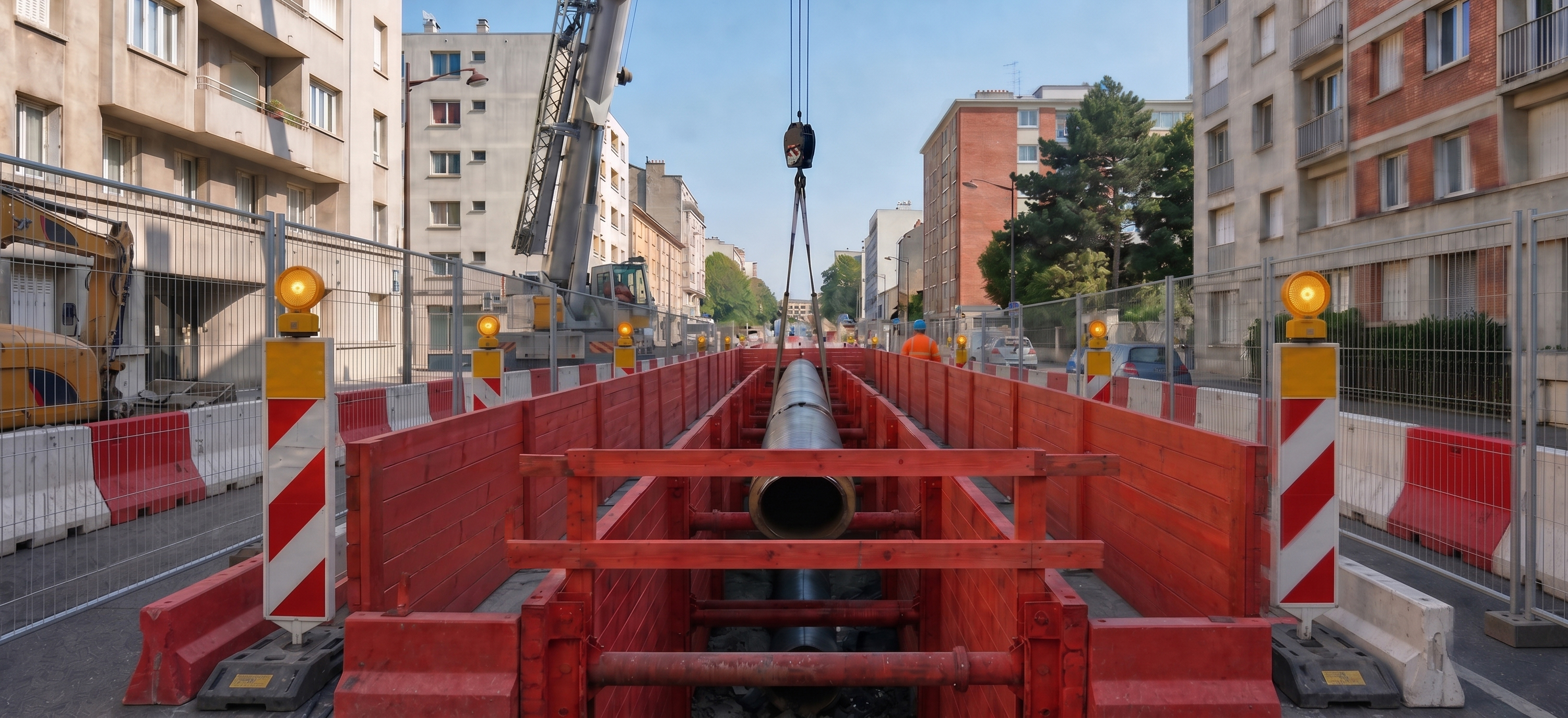 Travaux de génie civil en tranchée pour un réseau de chaleur